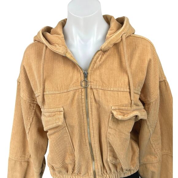 Urban Outfitters BDG Tan Corduroy Zip Up Hooded Hoodie Crop Bomber Coat Jacket M - Picture 3 of 5